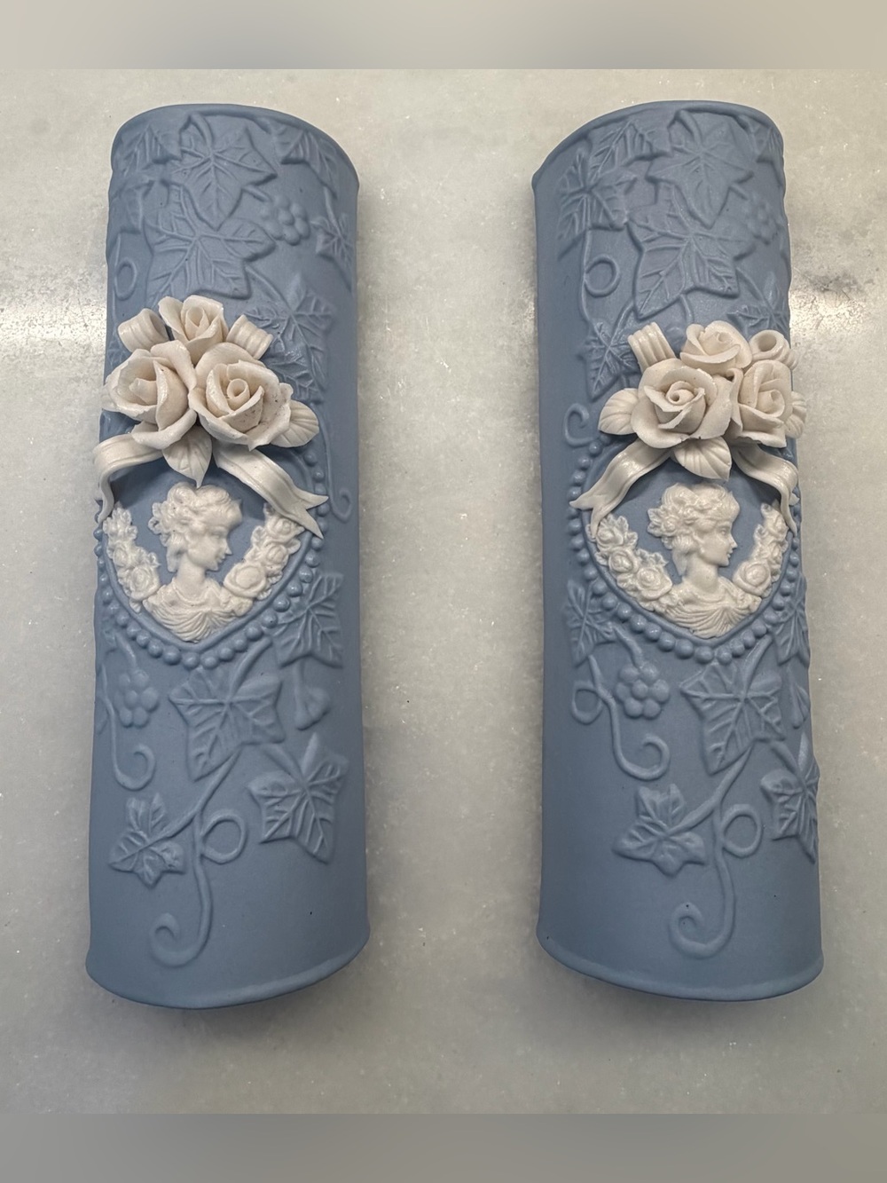 Vintage 1999 JTS International Blue Cameo Rose Wall Pockets Plaques Pair 8”